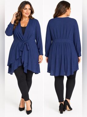 City Chic Navy Blue Tie Waist Long Sleeve Tunic Top Plus Size L/20